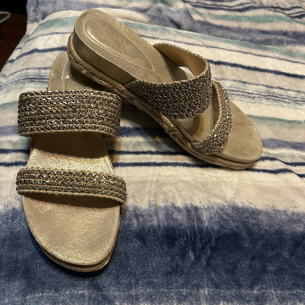 Eileen Fisher Metallic Gold Beaded Double-Strap Wedge Slides